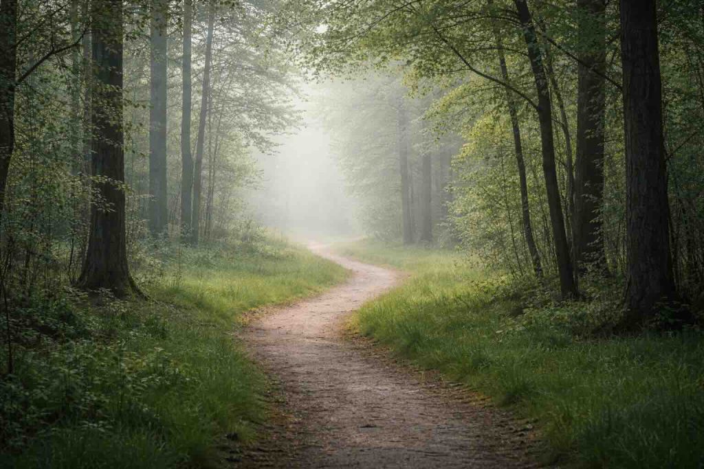 Skovsti i let morgentåge som symboliserer angst og oplevelsen af usikkerhed og indre orientering
