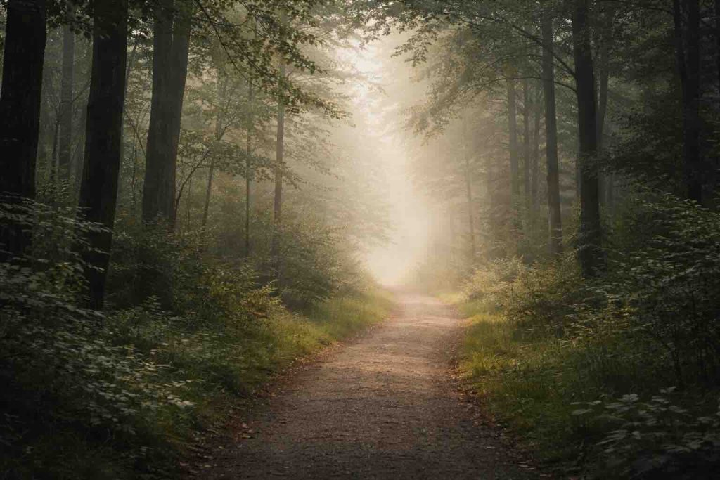 Tåget skovsti i blødt morgenlys som visuel metafor for angst for angsten og gradvis klarhed.
