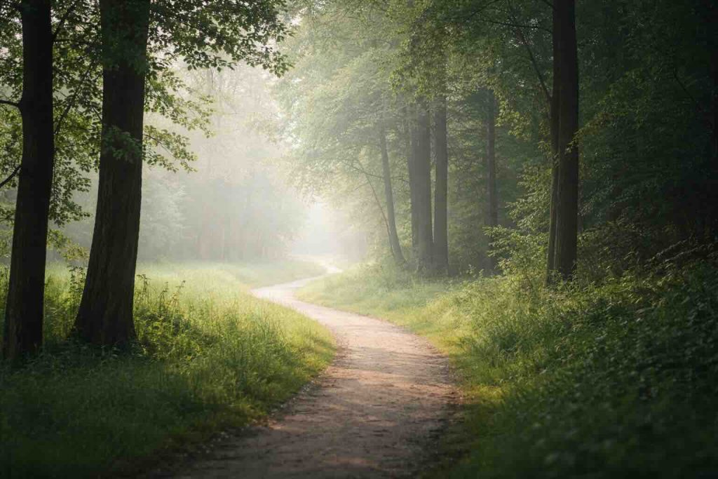 Stille skovsti i blød morgentåge som symbol på at håndtere meditation angst i en relation med ro og refleksion.
