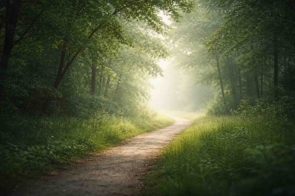 Meditation mod stress og angst symboliseret af rolig skovsti i blødt morgenlys
